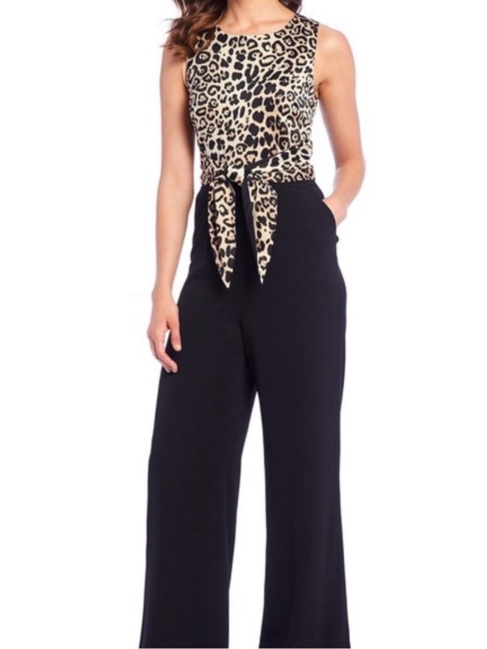 Alex Marie Leopard Tie-Front Wide Leg Jumpsuit in Black and Tan